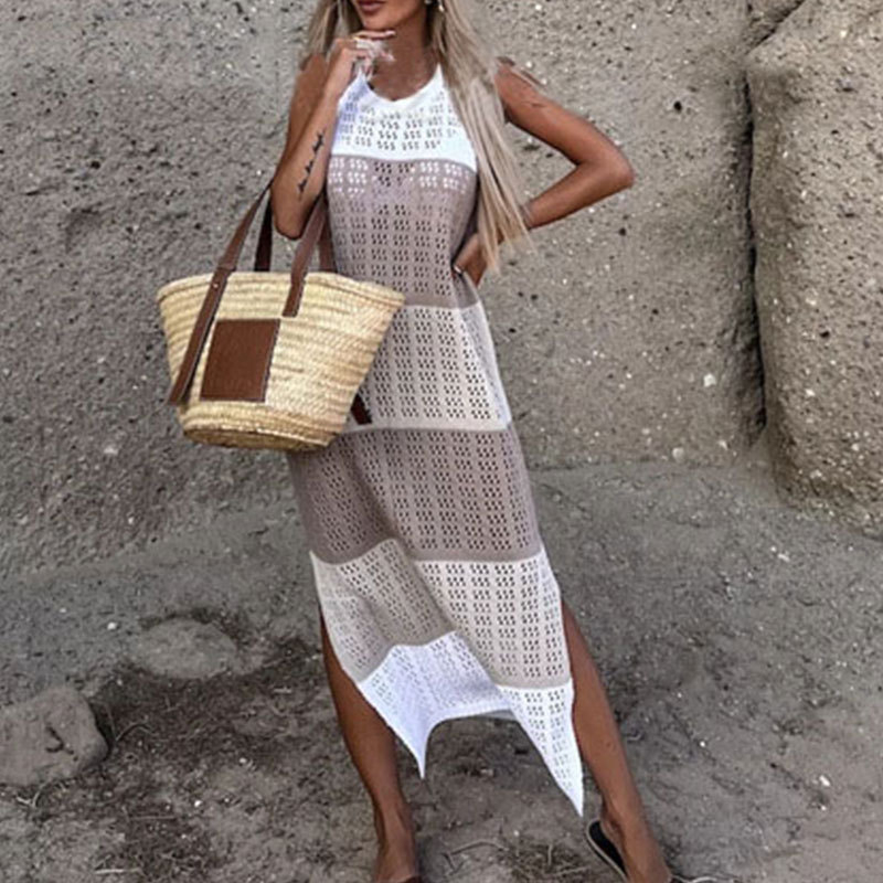rochie tricotată din acril, cu dungi, guler rotund, fără mâneci, lungă