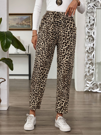 Pantaloni cu imprimeu leopard, talie înaltă, croi drept, din amestec poliester-elastan ușor, pantaloni casual pentru femei, Primăvara 2025
