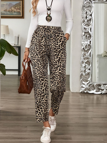 Панталони с леопардов принт, висока талия, прави крачоли, лека полиестерно-еластанова смес, ежедневни дамски панталони, пролет 2025