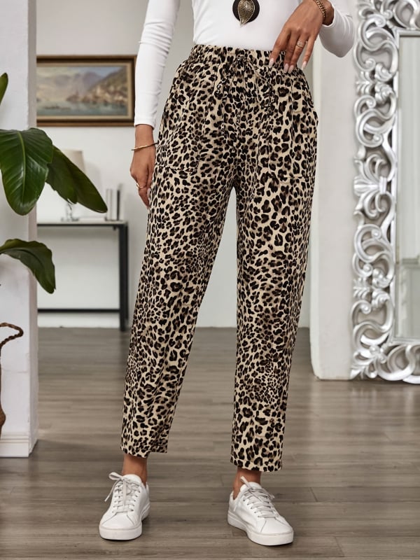 Pantaloni cu imprimeu leopard, talie înaltă, croi drept, din amestec poliester-elastan ușor, pantaloni casual pentru femei, Primăvara 2025