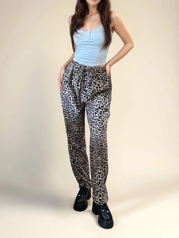 Pantaloni cu imprimeu leopard, talie înaltă, croi drept, din amestec poliester-elastan ușor, pantaloni casual pentru femei, Primăvara 2025