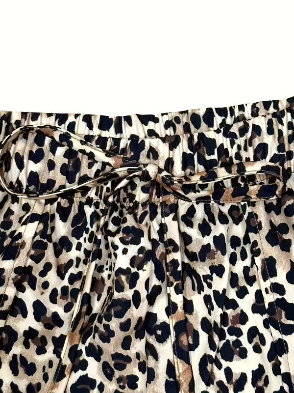 Pantaloni cu imprimeu leopard, talie înaltă, croi drept, din amestec poliester-elastan ușor, pantaloni casual pentru femei, Primăvara 2025