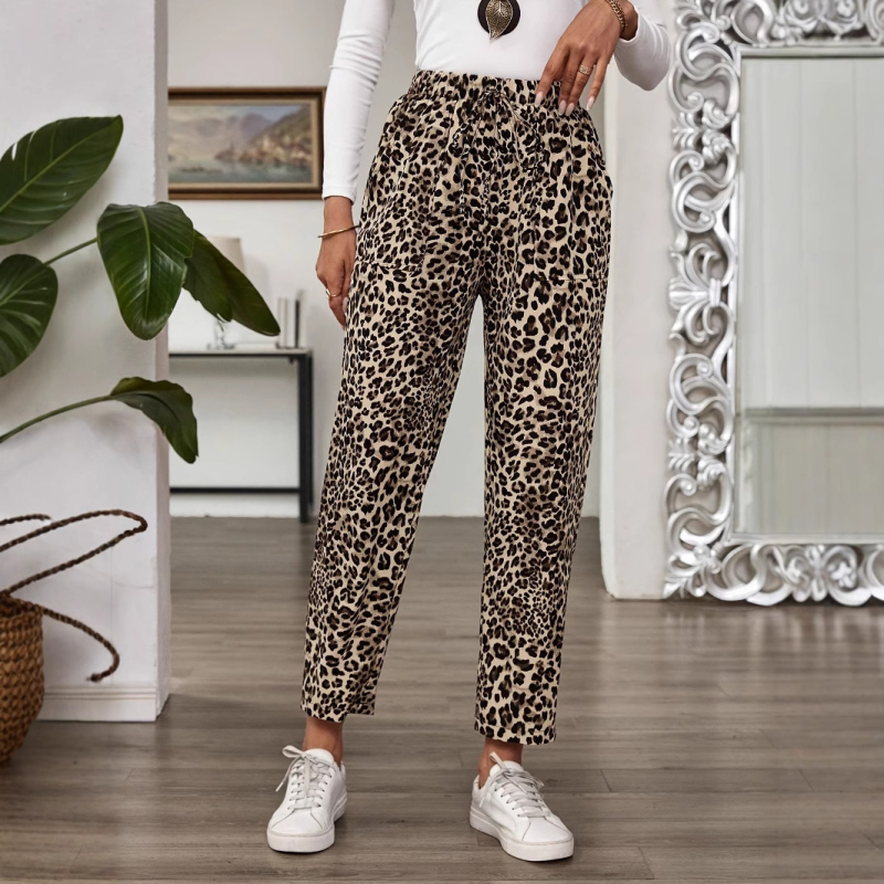 Pantaloni cu imprimeu leopard, talie înaltă, croi drept, din amestec poliester-elastan ușor, pantaloni casual pentru femei, Primăvara 2025