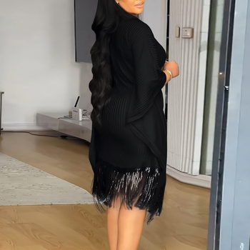 Дамска midi рокля с полиестер-еластанова материя, дизайн със шевове/колаж, ръкав бат, кръгло деколте, пола чадър