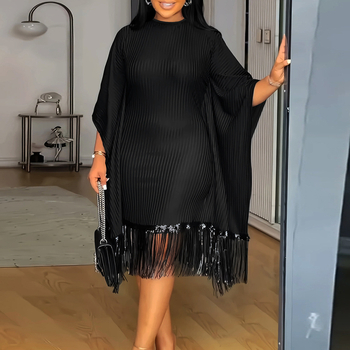 Дамска midi рокля с полиестер-еластанова материя, дизайн със шевове/колаж, ръкав бат, кръгло деколте, пола чадър