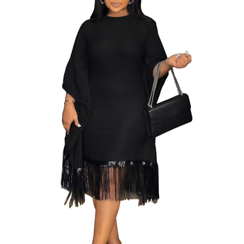 Дамска midi рокля с полиестер-еластанова материя, дизайн със шевове/колаж, ръкав бат, кръгло деколте, пола чадър