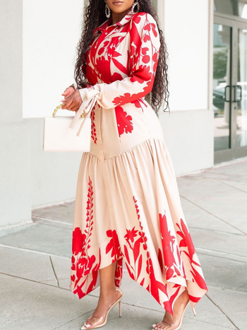 Γυναικείο καλοκαιρινό φόρεμα με μακριά μανίκια, εκτύπωση με φρούτα, γιακά τύπου πέτο, πολυεστέρας, υψηλή μέση, Α-γραμμή μίντι.