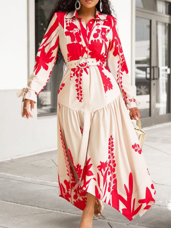 Rochie de vară pentru femei, din poliester, imprimeu cu fructe, guler rever, mâneci lungi, talie înaltă, croială A-line midi.