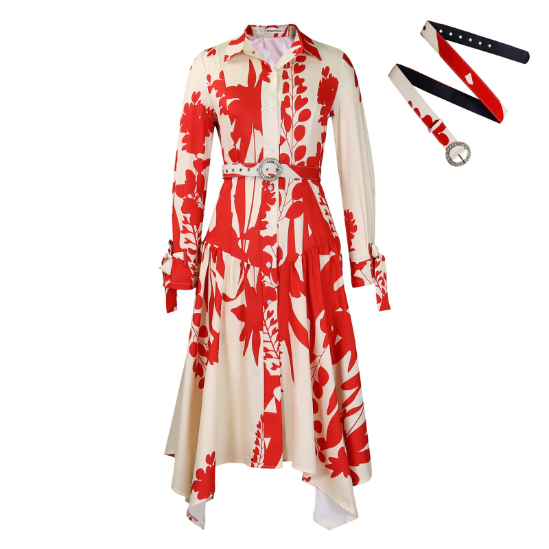 Rochie de vară pentru femei, din poliester, imprimeu cu fructe, guler rever, mâneci lungi, talie înaltă, croială A-line midi.
