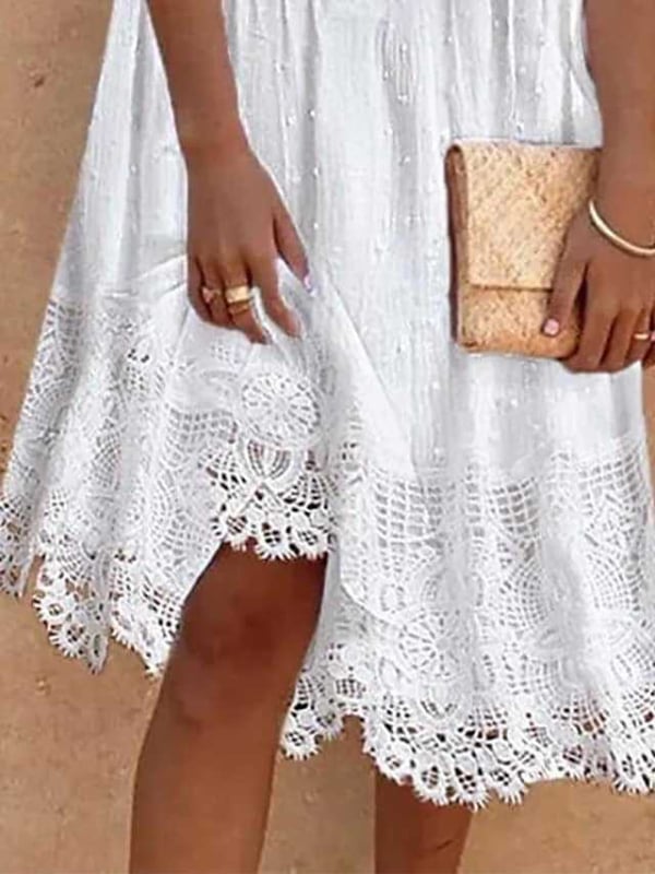 Дантелена рокля с V-образно деколте, lantern ръкави, midi А-линия, пуловер стил