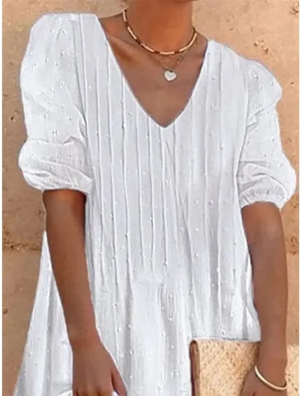 Дантелена рокля с V-образно деколте, lantern ръкави, midi А-линия, пуловер стил