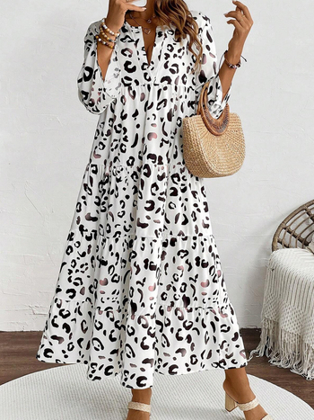 Φόρεμα με λεοπάρ μοτίβο, μακριά μανίκια, V-λαιμόκοψη, υψηλή μέση, Α-γραμμή