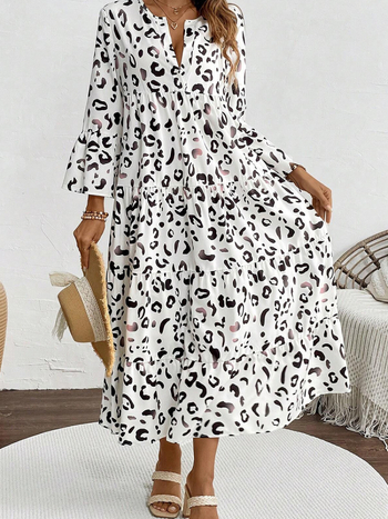 Φόρεμα με λεοπάρ μοτίβο, μακριά μανίκια, V-λαιμόκοψη, υψηλή μέση, Α-γραμμή