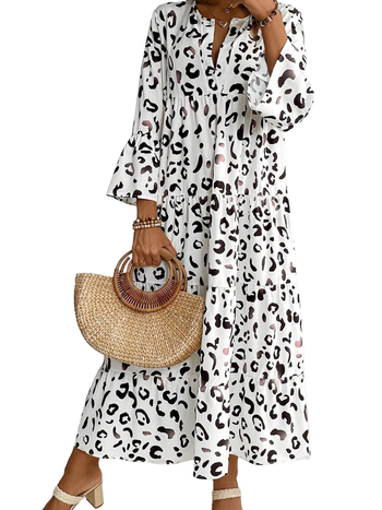 Φόρεμα με λεοπάρ μοτίβο, μακριά μανίκια, V-λαιμόκοψη, υψηλή μέση, Α-γραμμή