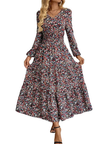 Φόρεμα - Φλοράλ εκτύπωση, μακριά μανίκια, V-λαιμός, ελαστική μέση, πολυεστέρας