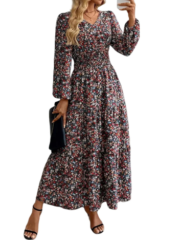 Φόρεμα - Φλοράλ εκτύπωση, μακριά μανίκια, V-λαιμός, ελαστική μέση, πολυεστέρας