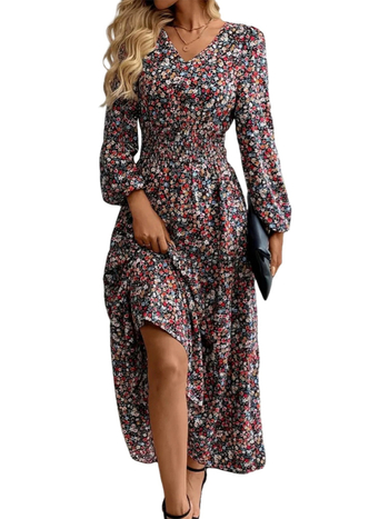 Φόρεμα - Φλοράλ εκτύπωση, μακριά μανίκια, V-λαιμός, ελαστική μέση, πολυεστέρας