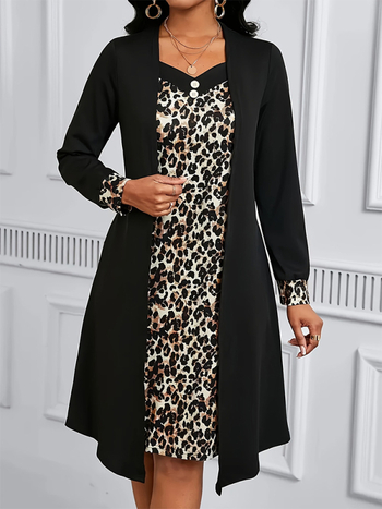 Γυναικείο κοστούμι δύο τεμαχίων με λεοπάρ print, πολυεστέρας, μακριά μανίκια, φούστα με μήκος μέσο, 95% πολυεστέρας
