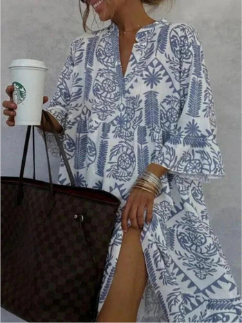 Φόρεμα με τύπωμα, V-λαιμό, Α-γραμμή, μεσαίου μήκους, μποέμ στυλ, μανίκια 3/4