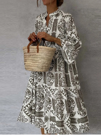 Φόρεμα με τύπωμα, V-λαιμό, Α-γραμμή, μεσαίου μήκους, μποέμ στυλ, μανίκια 3/4