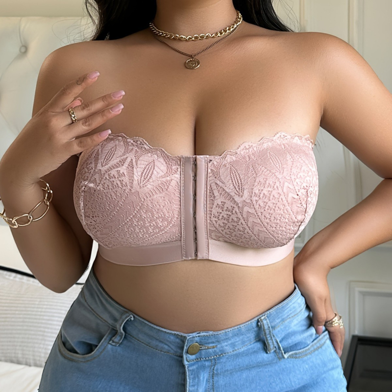 Push-up liemenėlė be petnešėlių, priekinis užsegimas, 3/4 taurė, nėrinių nugara