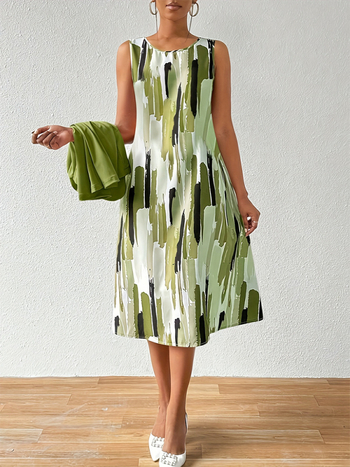 Двукомпонентен комплект рокля с принт, принт с рисунка, кръгло деколте, ръкав ¾, средна дължина, полиестер 95%+