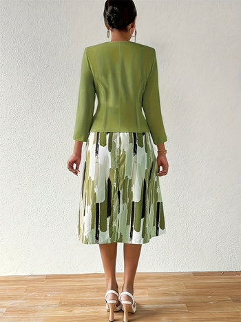 Двукомпонентен комплект рокля с принт, принт с рисунка, кръгло деколте, ръкав ¾, средна дължина, полиестер 95%+