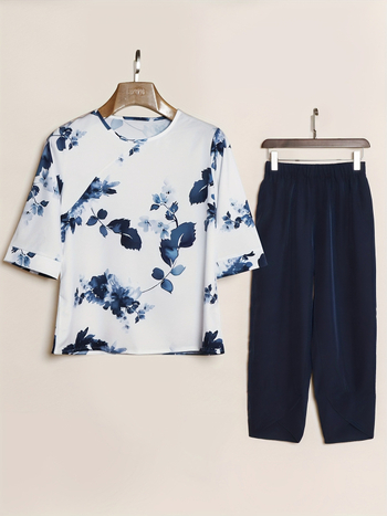 Женски флорален принт двукомпонентен сет: Т‑шърт и къси панталони, полиестер 95%+, половин ръкав, дължина на панталона девет пункта, пролет-лято 2025