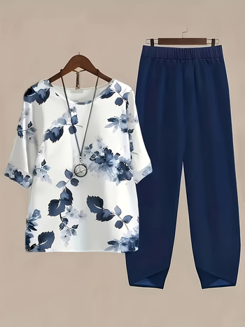 Γυναικείος δύο-κομμάτινος σετ με φλοράλ εκτύπωση: T‑μπλούζα και σορτς, άνοιξη-καλοκαίρι 2025, πολυεστέρας 95%+, μανίκια μισού μήκους, μήκος παντελονιού εννέα σημείων