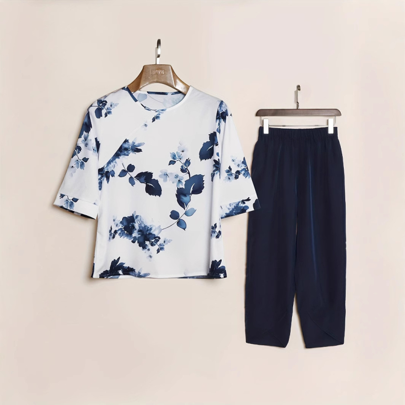 Женски флорален принт двукомпонентен сет: Т‑шърт и къси панталони, полиестер 95%+, половин ръкав, дължина на панталона девет пункта, пролет-лято 2025