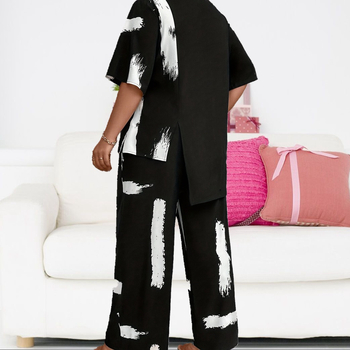 Пантсет летен комплект с кръгло деколте, удобен, ромбовиден принт, полиестер, основен състав 90–95%, печат, стил: японски и корейски свободен стил