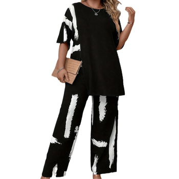 Пантсет летен комплект с кръгло деколте, удобен, ромбовиден принт, полиестер, основен състав 90–95%, печат, стил: японски и корейски свободен стил