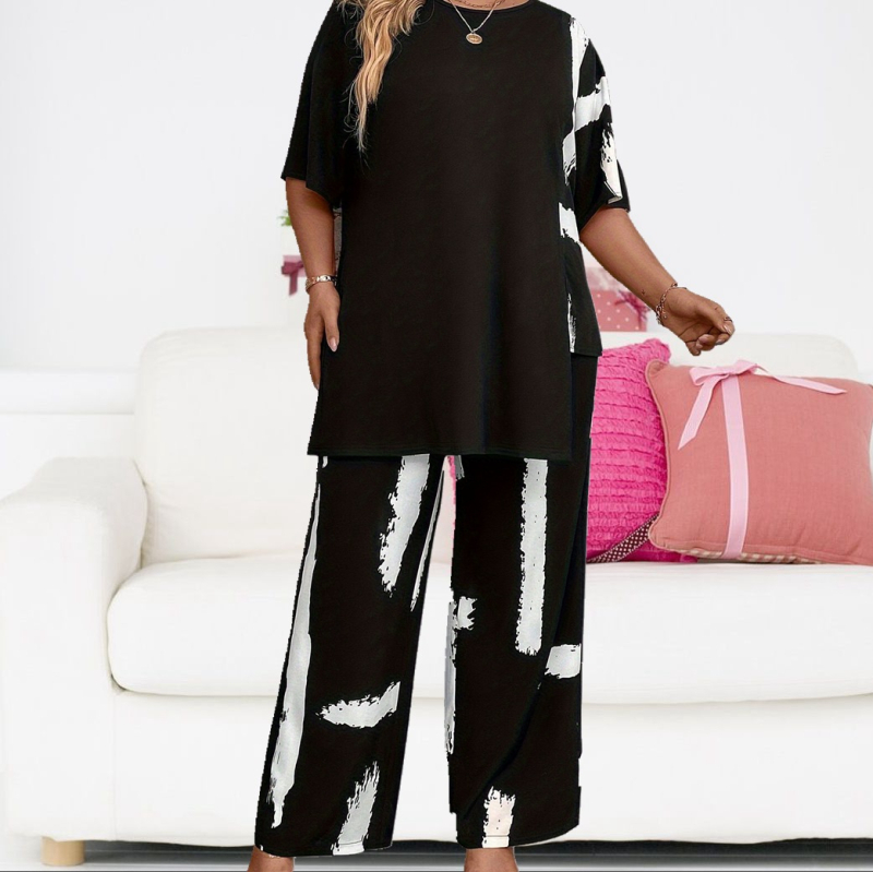 Пантсет летен комплект с кръгло деколте, удобен, ромбовиден принт, полиестер, основен състав 90–95%, печат, стил: японски и корейски свободен стил