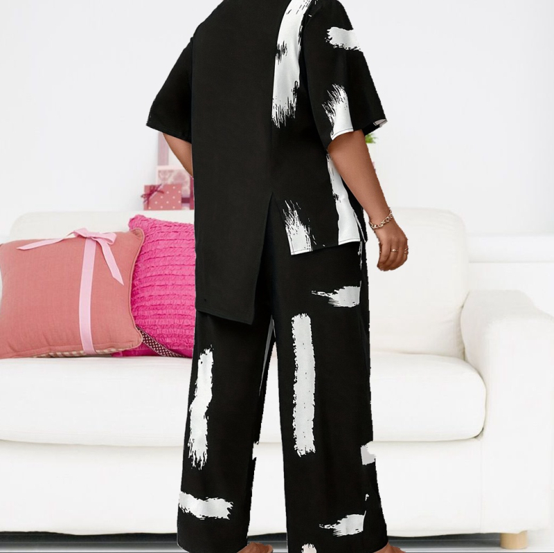 Пантсет летен комплект с кръгло деколте, удобен, ромбовиден принт, полиестер, основен състав 90–95%, печат, стил: японски и корейски свободен стил