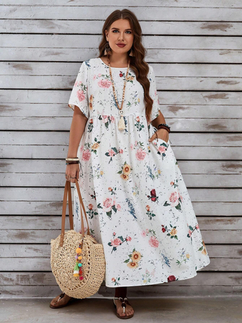 Φόρεμα με φλοράλ μοτίβο, κοντά μανίκια, στρογγυλό λαιμό, ψηλή μέση, μείγμα πολυεστέρα-σπαντέξ