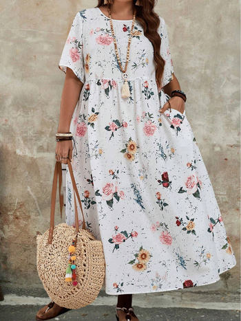 Φόρεμα με φλοράλ μοτίβο, κοντά μανίκια, στρογγυλό λαιμό, ψηλή μέση, μείγμα πολυεστέρα-σπαντέξ