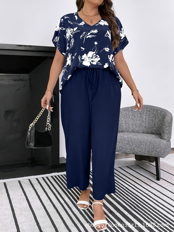 Двукомпонентен комплект с принт на растения, полиестер, лято 2024, къс ръкав топ и широки панталони