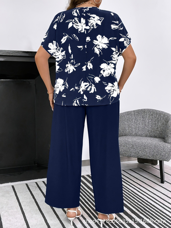 Двукомпонентен комплект с принт на растения, полиестер, лято 2024, къс ръкав топ и широки панталони