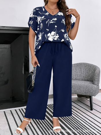 Двукомпонентен комплект с принт на растения, полиестер, лято 2024, къс ръкав топ и широки панталони