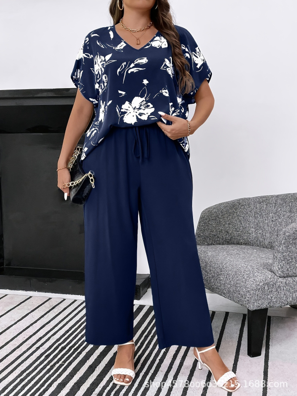 Двукомпонентен комплект с принт на растения, полиестер, лято 2024, къс ръкав топ и широки панталони