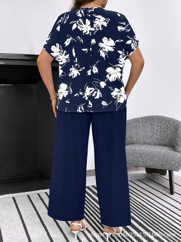 Двукомпонентен комплект с принт на растения, полиестер, лято 2024, къс ръкав топ и широки панталони
