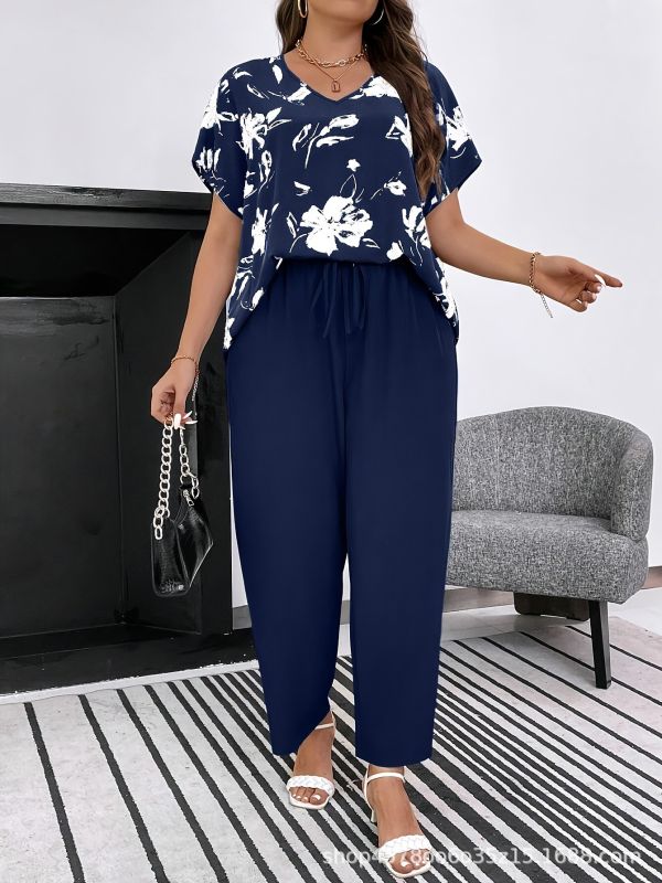 Двукомпонентен комплект с принт на растения, полиестер, лято 2024, къс ръкав топ и широки панталони