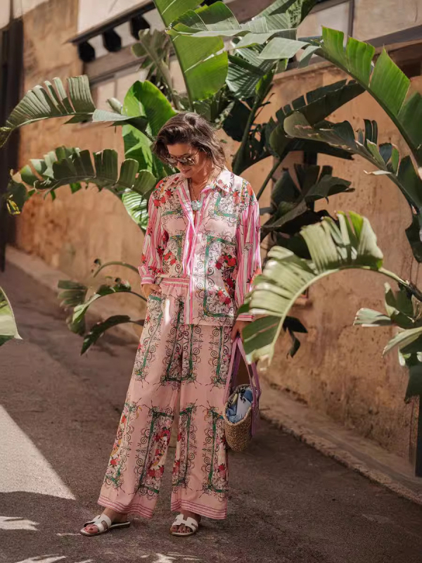 Set din in cu mâneci lungi și cardigan, imprimeu floral, amestec în in cu 50–70% in și 30–50% poliester, primăvara 2025