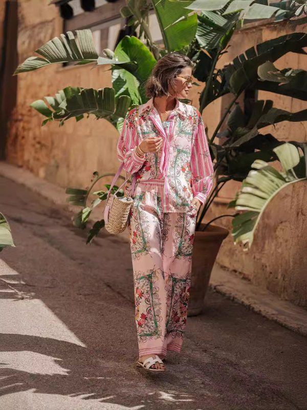 Set din in cu mâneci lungi și cardigan, imprimeu floral, amestec în in cu 50–70% in și 30–50% poliester, primăvara 2025