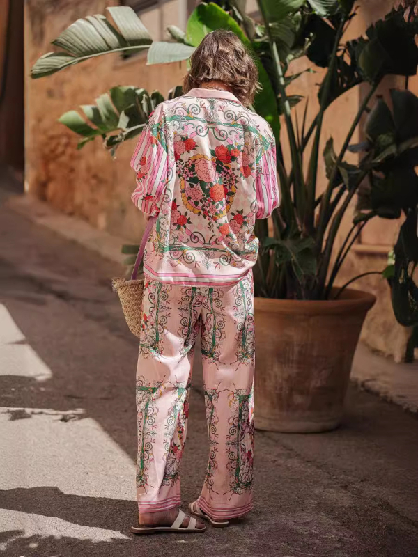 Set din in cu mâneci lungi și cardigan, imprimeu floral, amestec în in cu 50–70% in și 30–50% poliester, primăvara 2025