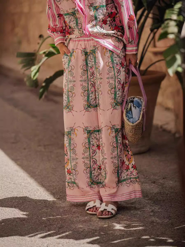 Set din in cu mâneci lungi și cardigan, imprimeu floral, amestec în in cu 50–70% in și 30–50% poliester, primăvara 2025