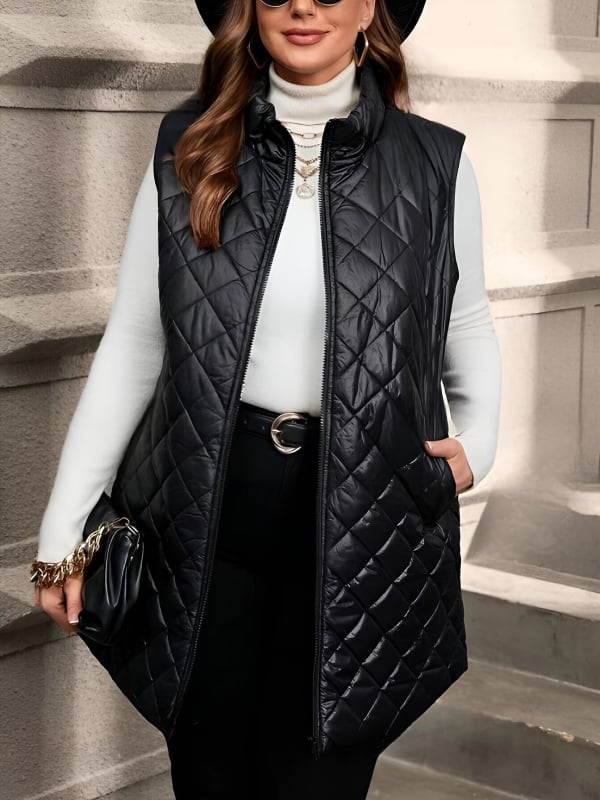 Jachetă fără mâneci cu umplutură poliester-bumbac, material principal poliester, guler înalt, fermoar, lungime medie