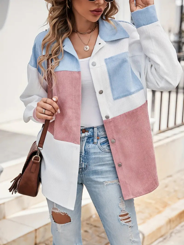 Cămașă corduroy, poliester 90–95%, model bloc, buzunare patch, mâneci lungi