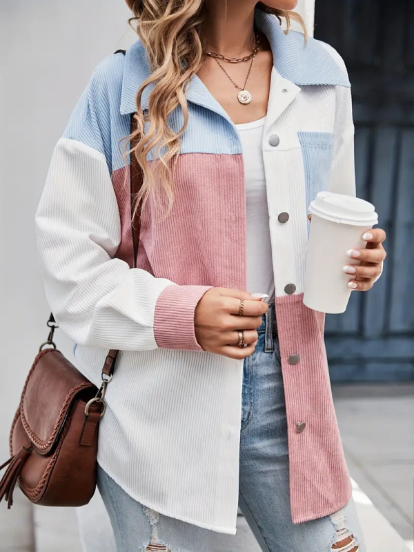 Cămașă corduroy, poliester 90–95%, model bloc, buzunare patch, mâneci lungi