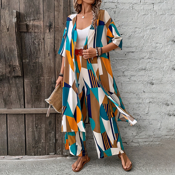 Γυναικείο σετ cardigan και wide-leg παντελόνια, γεωμετρικό μοτίβο, ύφαντος πολυεστέρας, 95% πολυεστέρας, χωρίς σιδέρωμα, ημι-μνάκι